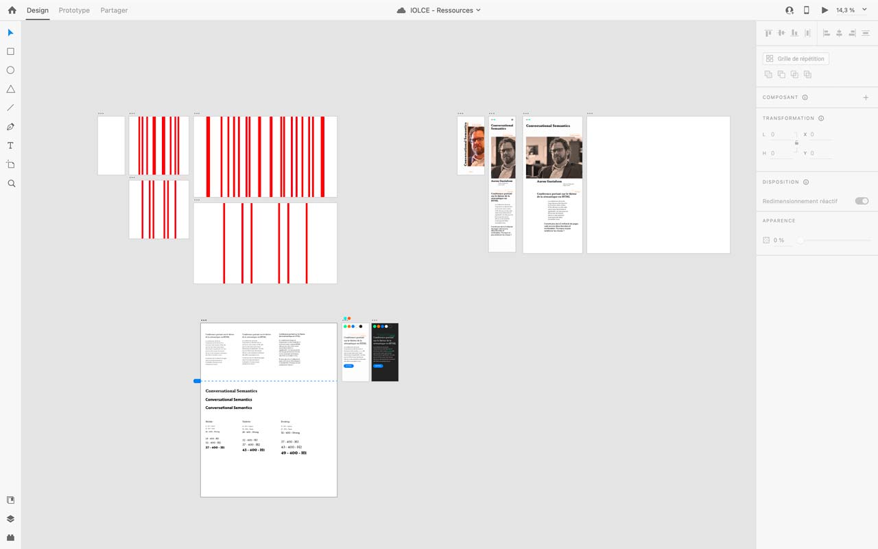 Adobe XD avec mes essais, tests de grilles, fonts, etc"